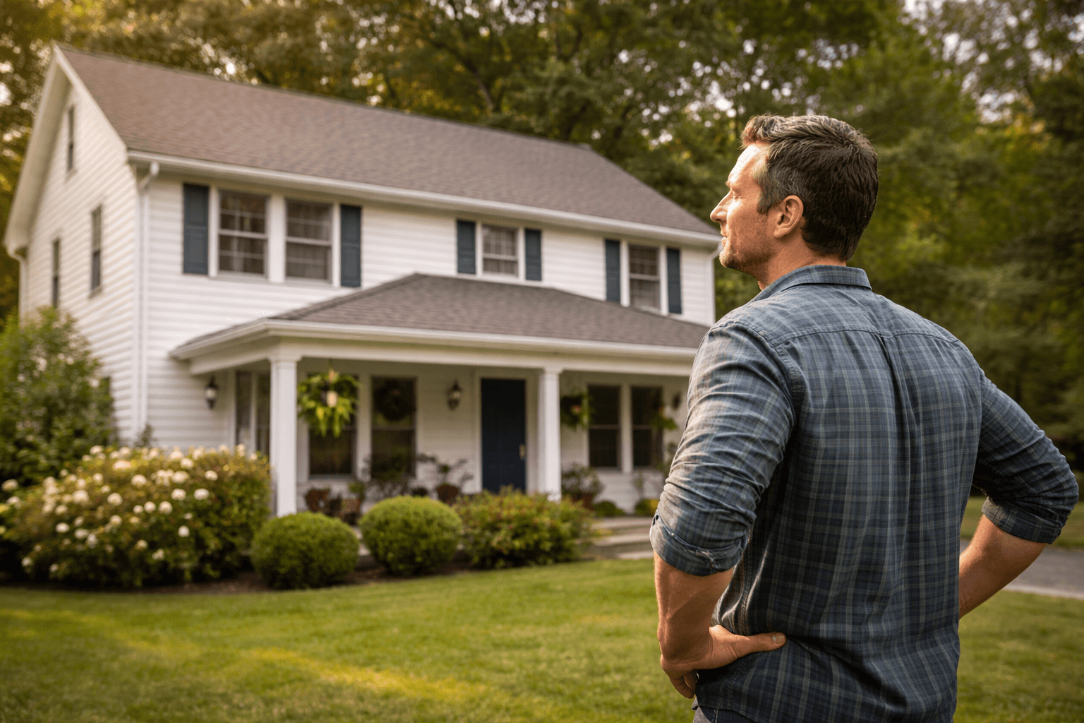 Homeowner reviewing exterior of a well-kept home